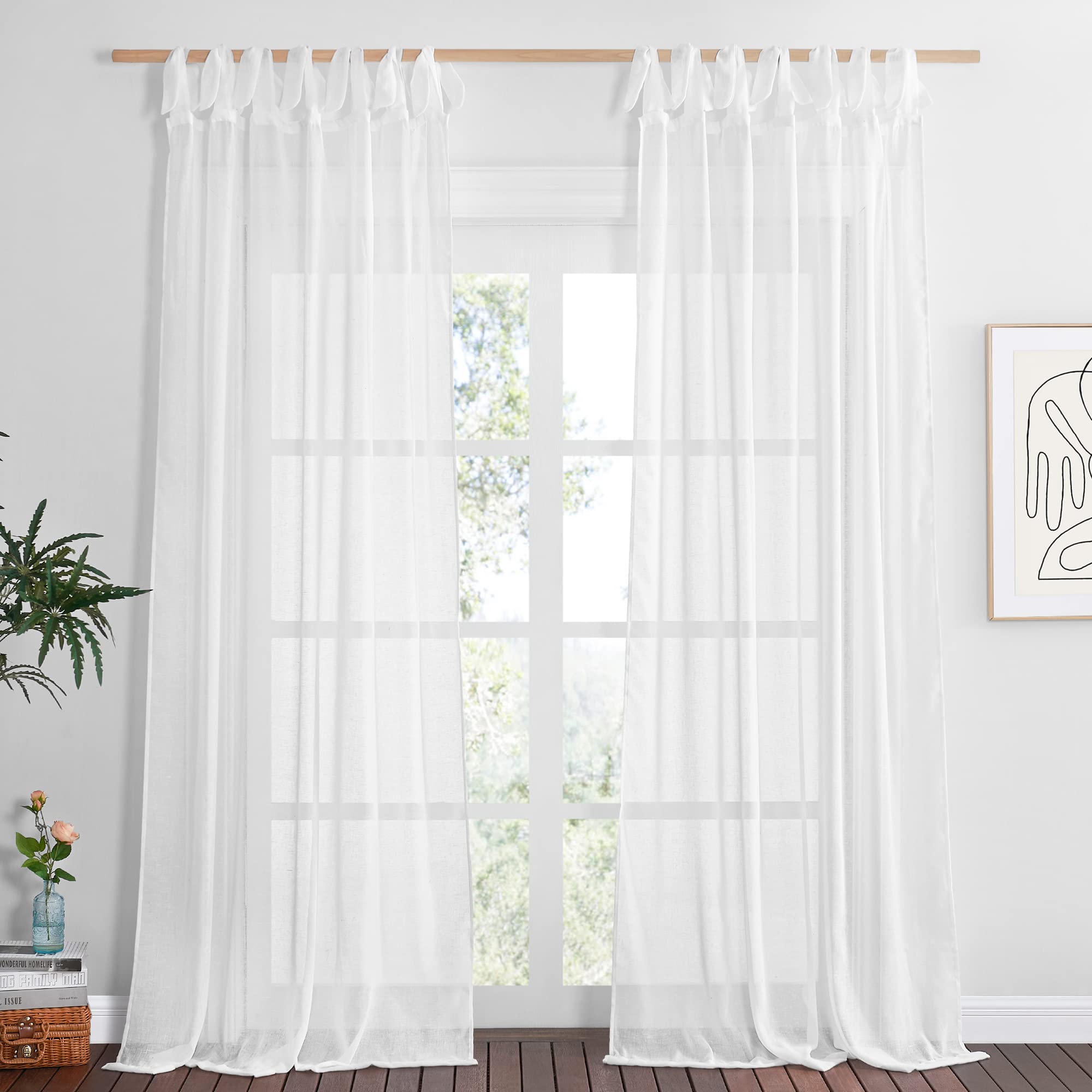 Semi Sheer Tie Top Linen Curtains for Bedroom & Living Room, 2 Panels ...