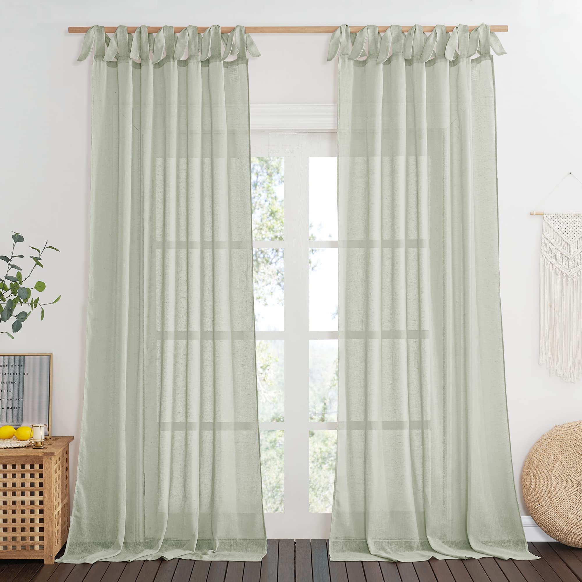 Semi Sheer Tie Top Linen Curtains for Bedroom & Living Room, 2 Panels ...