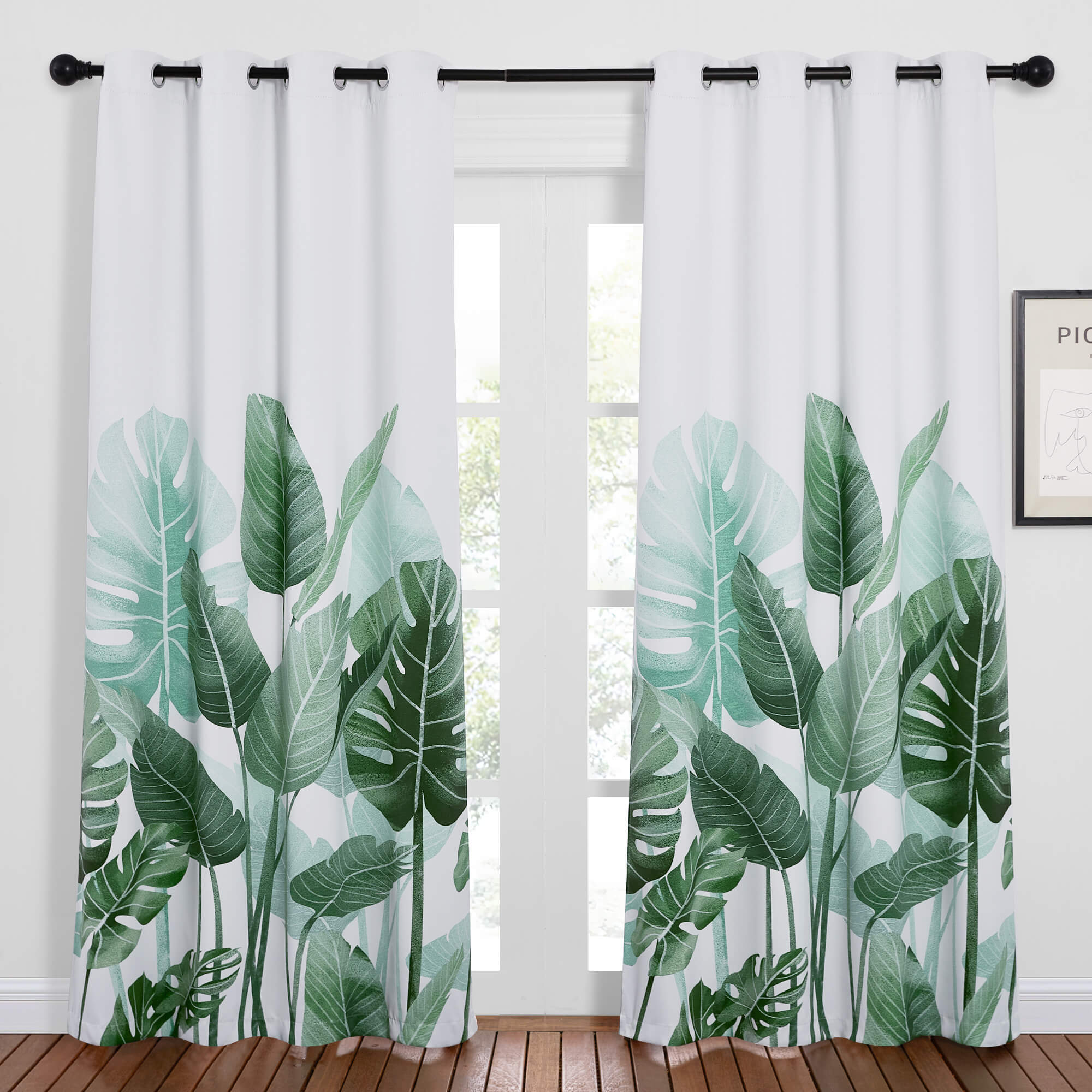 Palm Leaves Grommet White Blackout Curtains For Living Room And Bedroo ...